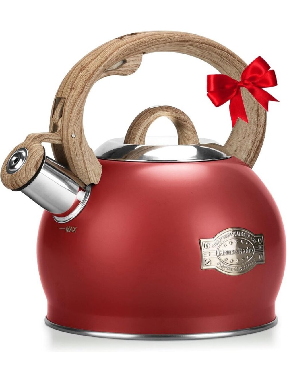 Red Whistling Tea kettles 2.1 Quart Stainless Steel Stovetop with Wood Handle